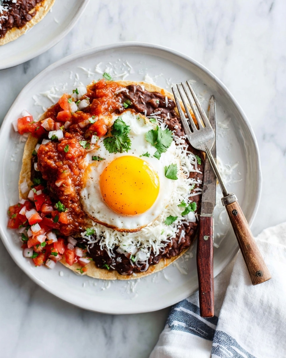A white plate holds a single tortilla with refried beans spread on the bottom layer, dark brown and slightly mashed. On top of the beans is a bed of shredded white cheese. Next, a sunny-side-up egg sits in the center with its bright yellow yolk and white edges. On one side of the egg is a chunky, red salsa with bits of tomato and green herbs. On the other side is fresh pico de gallo, made from diced tomatoes, white onions, and chopped green cilantro. The plate rests on a white marbled surface with a fork and a knife with wooden handles placed side by side on the right edge of the plate. A white cloth with a blue stripe is partially visible near the bottom right corner. Photo taken with an iphone --ar 4:5 --v 7