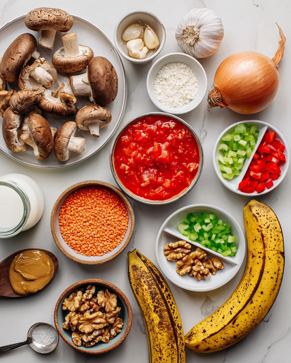 The image shows a top view of different ingredients arranged neatly on a white marbled surface. There is a white plate with whole brown mushrooms on the top left. In the center, two small white bowls hold crushed flakes and a white powder. A larger white bowl below contains bright red diced tomatoes in liquid. To its right are two garlic cloves, a whole shallot with brown skin, and a small white plate featuring green, red, and yellow spices divided into sections. Below these, a small brown bowl has many walnut halves. At the bottom center, a small brown bowl is filled with red lentils, and to its left is a small white bowl with chopped green bell peppers. A small glass jar holding cream or milk is placed near the bottom left, and a metal spoon with peanut butter is on the far left. Two black and yellow ripe plantains lie on the lower right side of the image, and a small white spoon with white powder rests near them. The scene is bright and mostly neutral with natural food colors. Photo taken with an iphone --ar 4:5 --v 7
