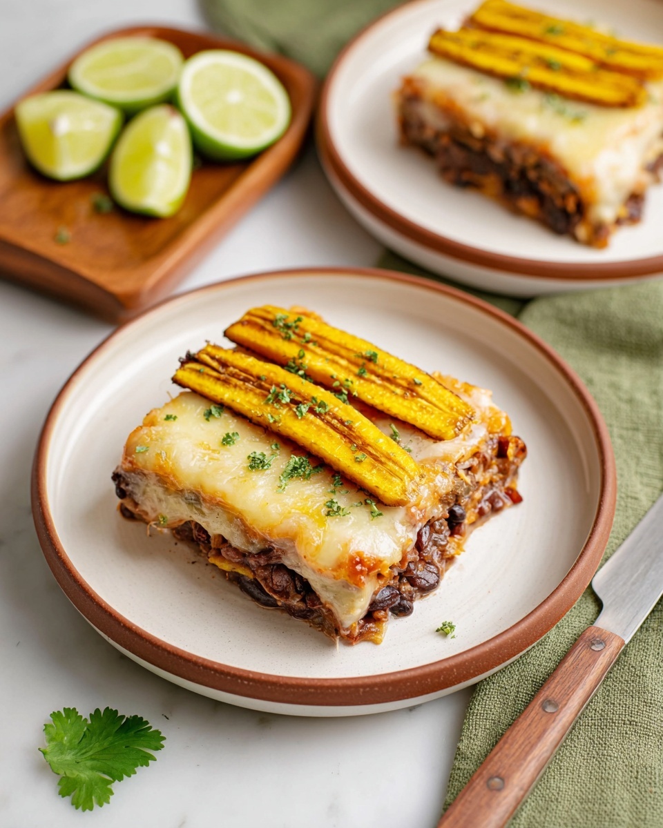 A square piece of layered dish sits on a white plate with a brown rim, placed on a white marbled surface. The bottom layer appears to be dark and chunky, likely a blend of beans or meat. Above that is a creamy, pale yellow layer with melted cheese texture. The top layer consists of two long, golden-yellow, slightly caramelized plantain strips with visible grill marks and small green herb pieces sprinkled on top. In the background, there is a second identical piece on a similar white plate with a brown rim, and a wooden tray holding lime wedges. A green cloth napkin is partially visible beside the plate, and a knife with a wooden handle lies nearby with a cilantro leaf next to it. photo taken with an iphone --ar 4:5 --v 7