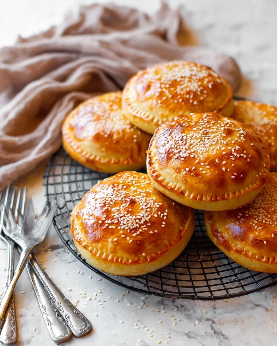 Seven golden round pastries with a shiny, slightly crispy top sprinkled with white sesame seeds are stacked on a black wire cooling rack. Each pastry has a crimped edge that shows a thicker border. The wire rack rests on a white marbled surface with a few sesame seeds scattered around. To the left, there is a worn silver fork and knife placed side by side, and a soft, light brown cloth lies behind the pastries, adding texture to the scene. The photo taken with an iphone --ar 4:5 --v 7