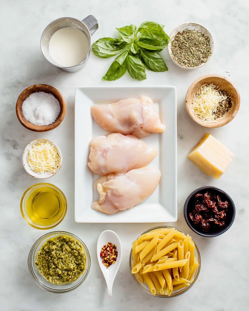 The image shows a white rectangular plate in the center with three raw chicken pieces, pale pink and smooth. Around the plate are small bowls and containers with different ingredients: at the top left, a metal measuring cup with white cream, next to it green basil leaves, a small wooden bowl with white salt, another small wooden bowl with dried herbs, and a chunk of light yellow cheese. To the right, a small white spoon with red pepper flakes, a black bowl with uncooked yellow penne pasta, and a glass bowl with dark sun-dried tomatoes. On the bottom left, a glass bowl with green pesto sauce, a glass bowl with yellow olive oil, and a white bowl with dried spices. The whole arrangement is on a white marbled surface. photo taken with an iphone --ar 4:5 --v 7