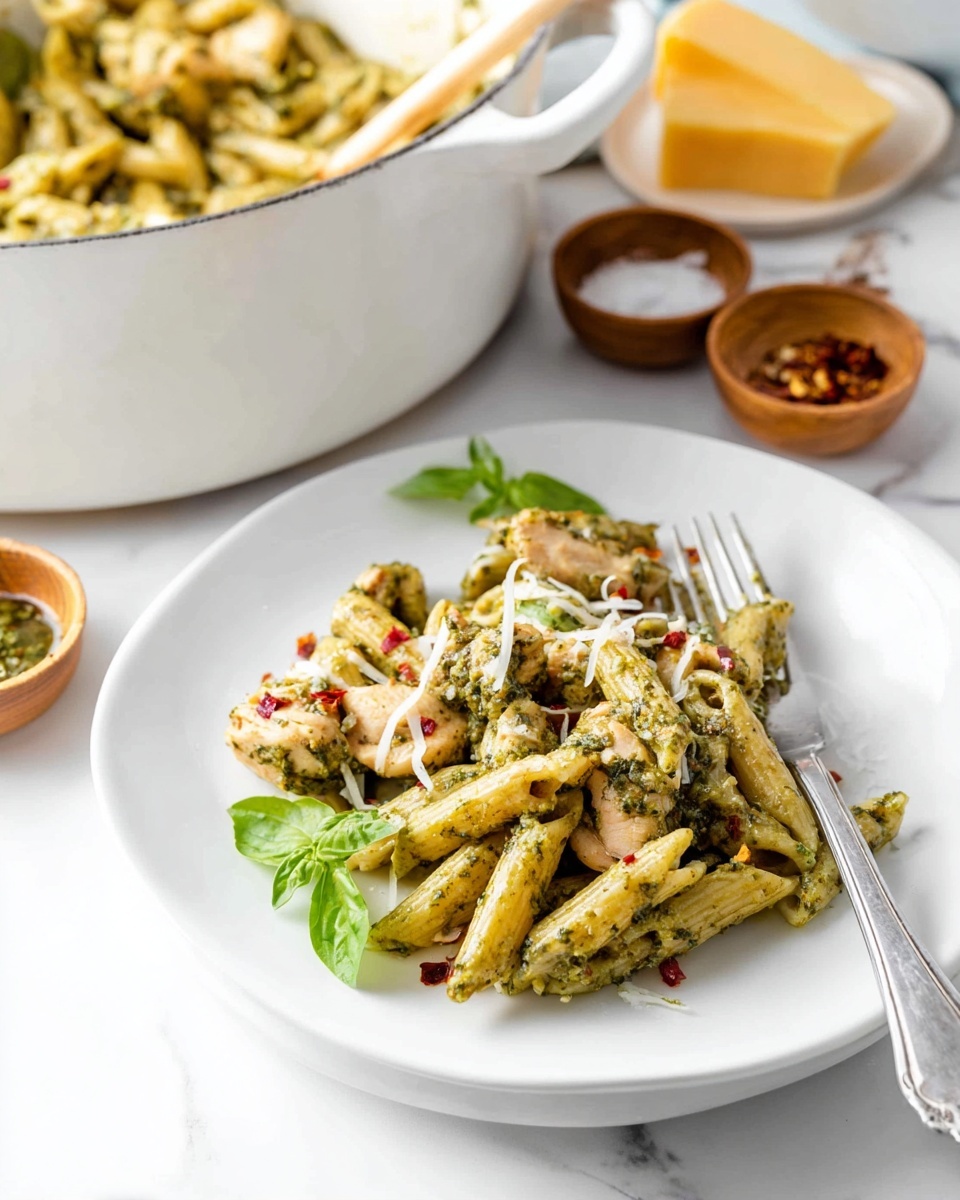 A white plate holds a serving of penne pasta mixed with green pesto sauce, small light brown pieces of chicken, and tiny red chili flakes scattered on top. The pasta and chicken are coated with the sauce giving a slightly glossy look, and there are a few small green basil leaves placed around for decoration. Shredded white parmesan cheese is sprinkled over the dish, adding texture and contrast. A silver fork rests on the right side of the plate. In the background on a white marbled surface, there is a large white pot filled with the same pasta, alongside small wooden bowls containing salt, pepper, and crushed chili flakes, and a block of yellow cheese. Photo taken with an iphone --ar 4:5 --v 7