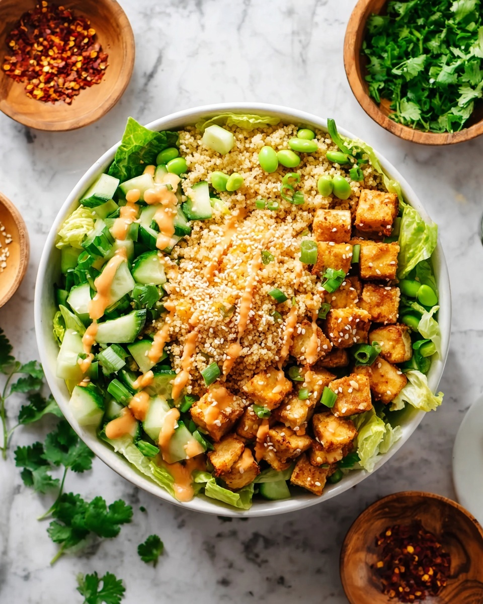 A white bowl on a white marbled surface holds a layered salad. The bottom layer is chopped green lettuce with sliced cucumber and green edamame beans scattered around. On top of the greens are golden-brown tofu cubes spread evenly. The next layer shows a heap of light brown cooked couscous sprinkled with white sesame seeds and fresh green cilantro leaves. A thin drizzle of light orange creamy sauce with red pepper flakes is spread over the top, adding a colorful contrast. Around the bowl are small wooden bowls, one filled with fresh cilantro and another with red pepper flakes, contributing to the fresh and vibrant look of the dish. photo taken with an iphone --ar 4:5 --v 7