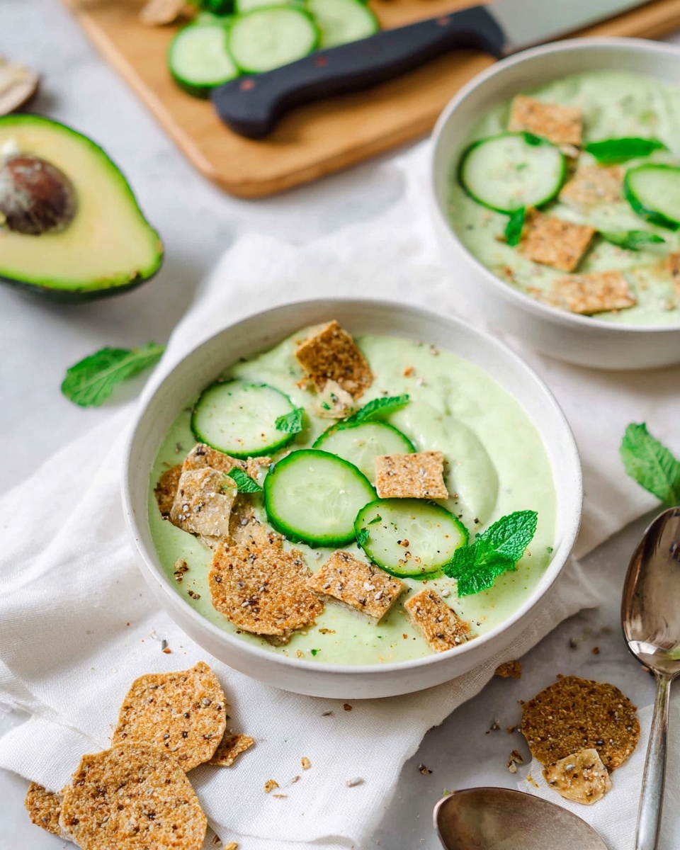 The image shows two white bowls filled with a pale green creamy soup. On top of the soup, there are thin round slices of cucumber, fresh green mint leaves, and small chunks of crispy seed crackers scattered around. The bowls rest on a white cloth, placed on a white marbled surface. In the background, there is a halved avocado with the seed, a wooden board with sliced cucumbers, and a knife with a black handle, adding natural colors and textures. Photo taken with an iphone --ar 4:5 --v 7