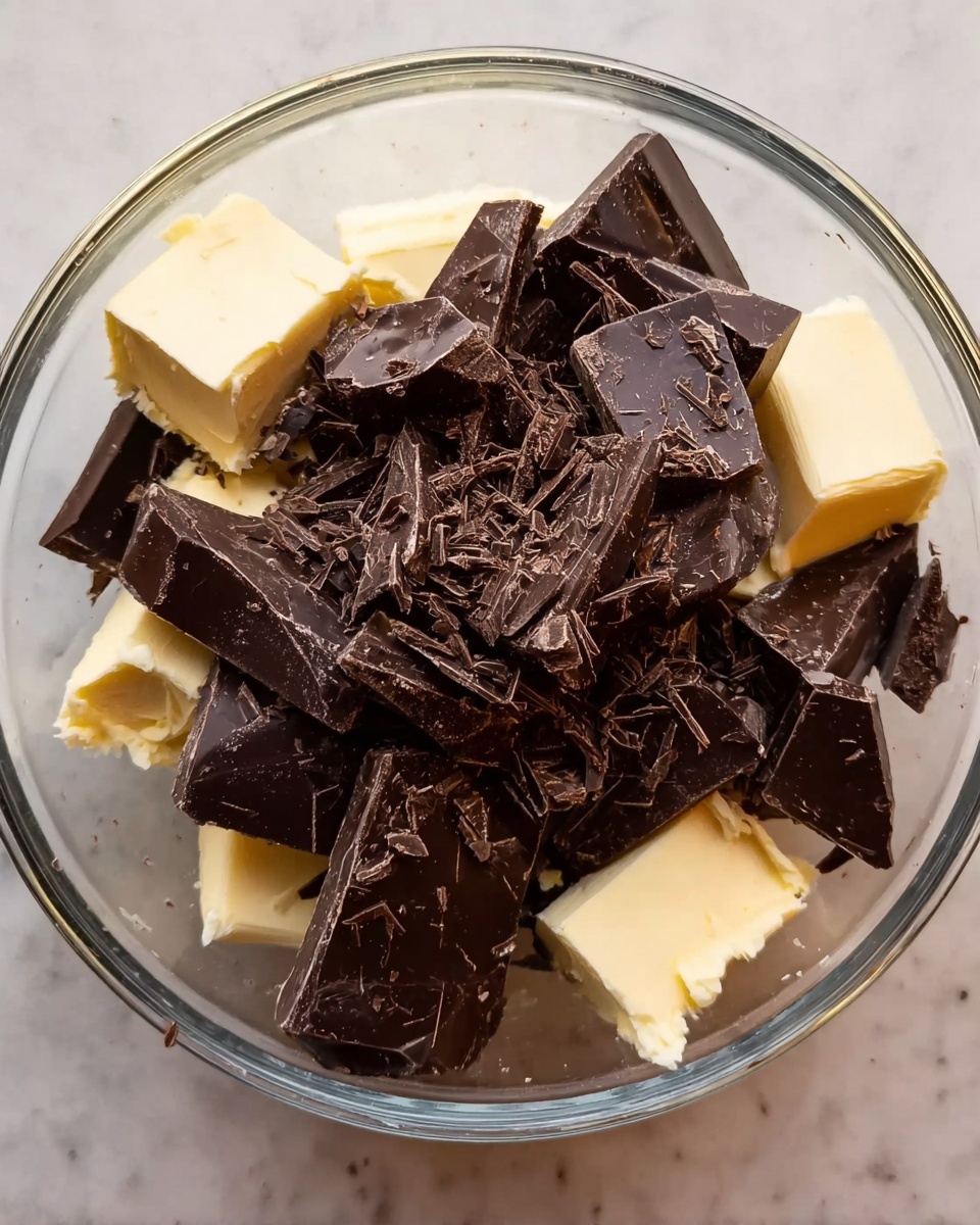 A clear glass bowl is filled with a mixture of large chunks and small shavings of dark chocolate stacked on top of several pieces of pale yellow butter. The butter pieces have a smooth texture and sit mostly at the bottom and around the center of the bowl, partly covered by the dark chocolate that looks rich and slightly shiny. The bowl is placed on a white marbled surface, and the lighting highlights the glossy and matte contrasts of the chocolate and butter photo taken with an iphone --ar 4:5 --v 7