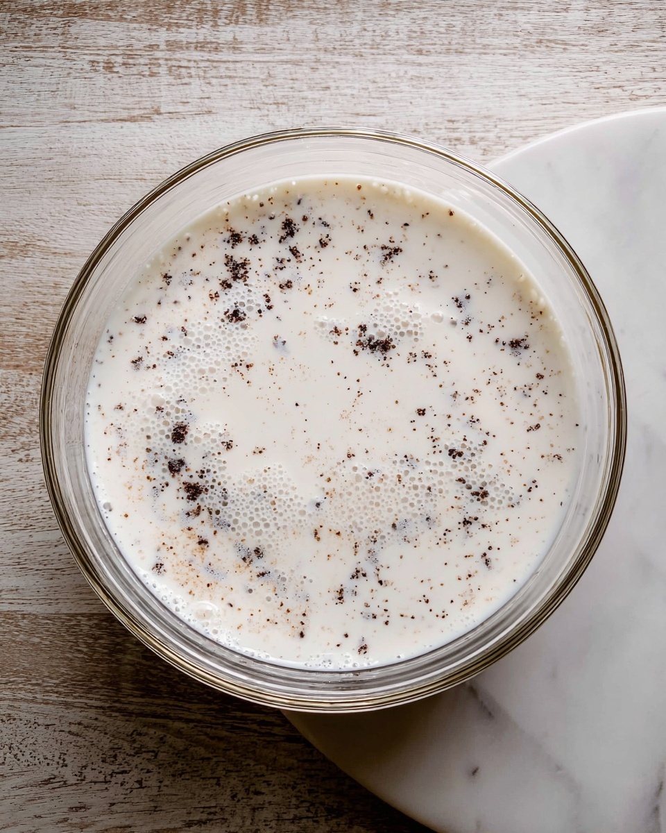 A clear glass bowl sitting on a white marbled surface is filled with a single layer of white liquid that has small dark brown specks scattered throughout. The liquid has some tiny bubbles on the surface, giving it a light texture. The bowl is round with smooth edges, and the mix inside looks creamy with bits evenly spread around. photo taken with an iphone --ar 4:5 --v 7