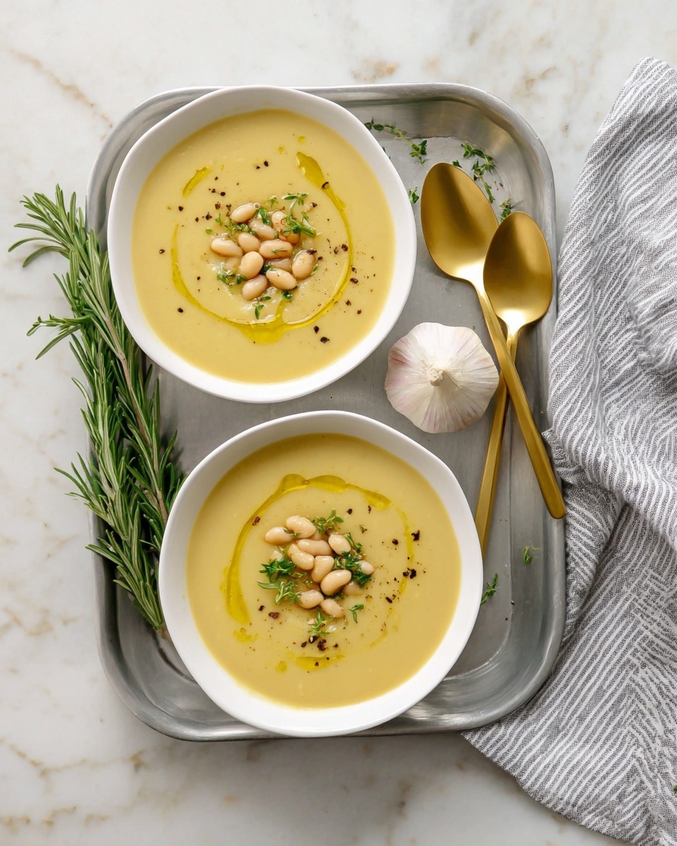 Two white bowls sit on a silver tray over a white marbled surface, each filled with smooth pale yellow soup. On top of the soup, there is a swirl of golden oil, a small pile of white beans in the center, green chopped herbs, and a sprinkle of black pepper. Nearby, a whole garlic bulb rests on the white marbled surface, along with a fresh sprig of green rosemary. To the side on a white marbled background, two golden spoons rest on a gray cloth with white stripes. photo taken with an iphone --ar 4:5 --v 7
