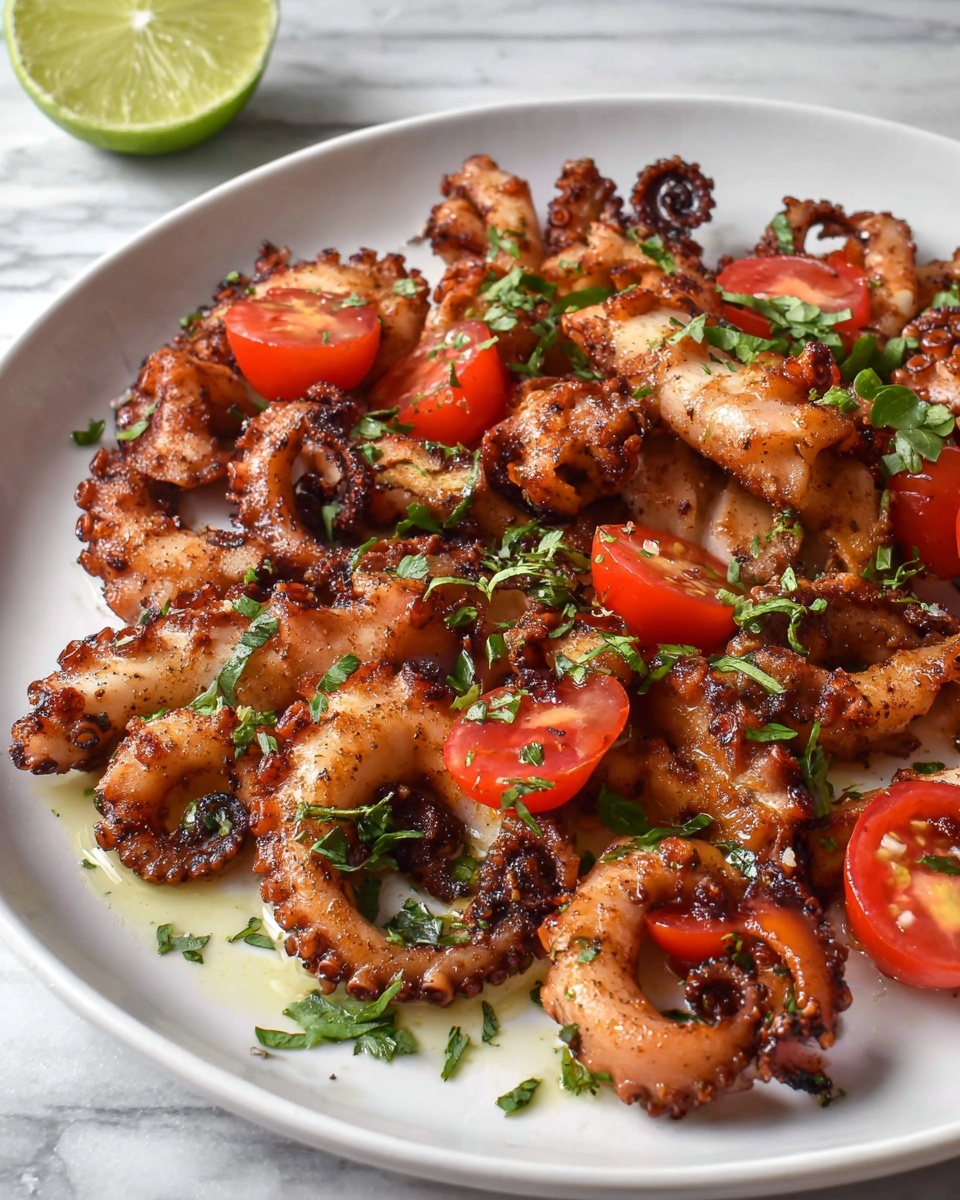 The dish shows grilled baby octopuses with a crispy, slightly charred surface in light brown and golden colors, arranged in a scattered way on a white plate. Interspersed among the octopuses are bright red, halved cherry tomatoes that add a fresh pop of color. Fresh green chopped herbs are sprinkled evenly over the whole plate, giving a contrast to the warm tones of the octopus and tomatoes. The plate rests on a white marbled surface, and in the background, there is a lime wedge that is light green with a textured interior. photo taken with an iphone --ar 4:5 --v 7