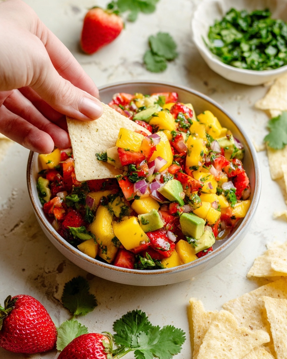 The image shows a white bowl filled with a colorful salsa made of small, chunky pieces layered evenly throughout: bright yellow mango, red strawberries, green avocado, finely chopped red onion, and fresh green cilantro leaves, all mixed together. A woman's hand is holding a crisp, light beige chip dipping into the salsa from the top left. The bowl is placed on a white marbled surface with scattered cilantro leaves, broken chips, and a couple of whole red strawberries nearby. In the background, there is a small white bowl with chopped green herbs. The scene is bright and fresh, with vibrant colors that stand out against the neutral white bowl and surface. photo taken with an iphone --ar 4:5 --v 7