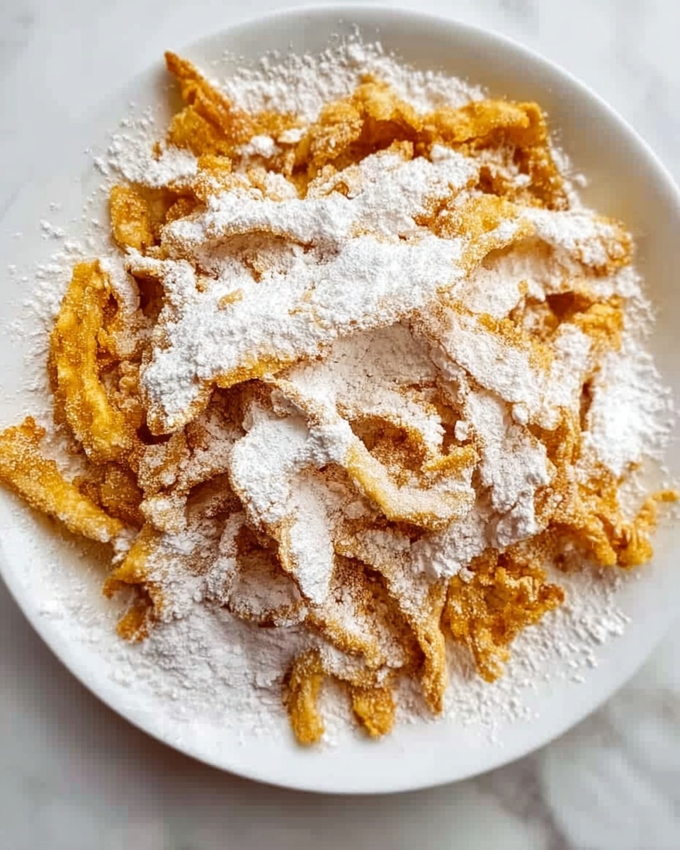 The dish shows a white round plate filled with many pieces of golden-brown fried strips arranged in a loose pile. A thick layer of fine white powder is sprinkled evenly over the top, covering most of the fried strips and creating a soft snowy look. The colors mainly include warm golden tones from the fried pieces and bright white from the powder, with the plate's clean white surface visible at the edges. The background is a white marbled texture, adding a subtle, elegant contrast to the warm colors of the food. photo taken with an iphone --ar 4:5 --v 7