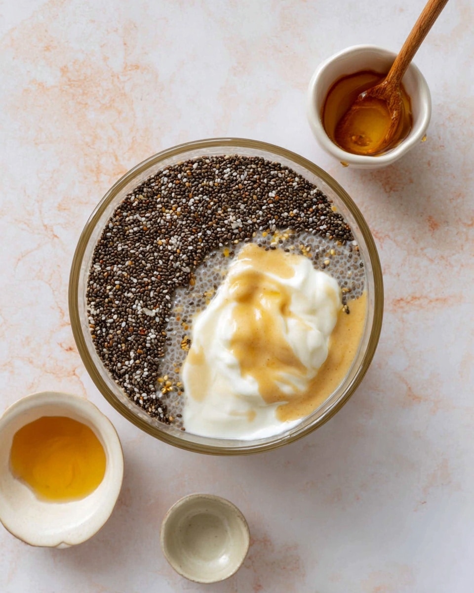 A transparent glass bowl sits on a white marbled surface, filled with three visible layers. On the left side, there is a dense layer of tiny, dark chia seeds, covering about half of the bowl's top. To the right, there is a smooth, creamy white layer, topped with a light brown honey-like drizzle and a dollop of thicker white cream in the center. Around the bowl, there are three small white dishes, one with a wooden spoon inside and another with a small amount of honey. Photo taken with an iphone --ar 4:5 --v 7