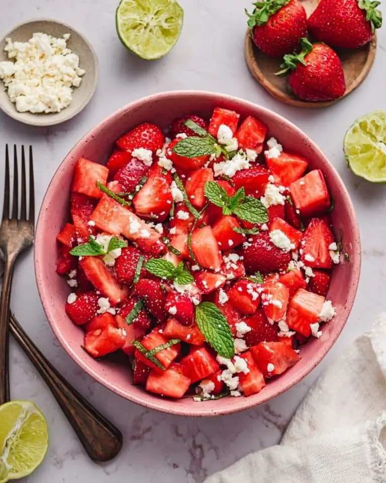 Watermelon Strawberry Salad with Feta and Honey Lime Dressing Recipe