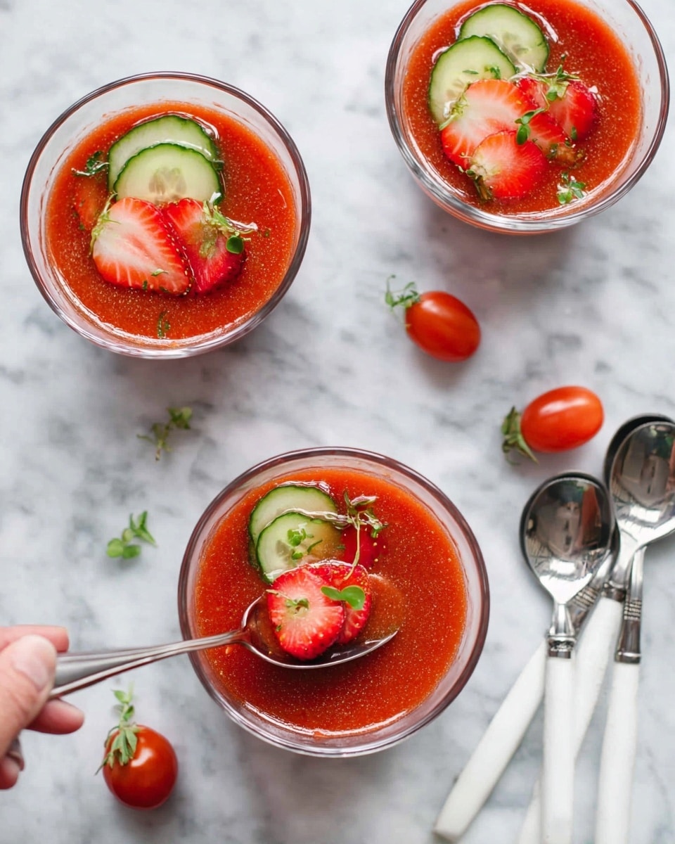 Three clear glass bowls are filled with a smooth red soup. Each bowl has a layer of sliced strawberries and a cucumber slice on top, along with a small green herb sprig. One bowl has a metal spoon inside with a woman's hand holding it, lifting a strawberry piece. The bowls are placed on a white marbled surface with a few whole strawberries, cherry tomatoes, and two metal spoons with white handles nearby. The background is bright and clean, highlighting the fresh colors of the soup and garnishes. photo taken with an iphone --ar 4:5 --v 7