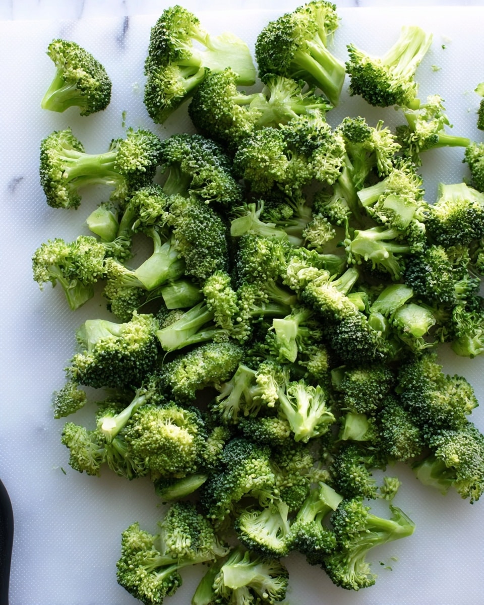 A pile of small broccoli florets is spread over a white cutting board with a black handle, showing many shades of green with tiny buds and light green stems. The broccoli pieces vary in size and are arranged loosely with some space between them. The background surface is a white marbled texture. Photo taken with an iphone --ar 4:5 --v 7
