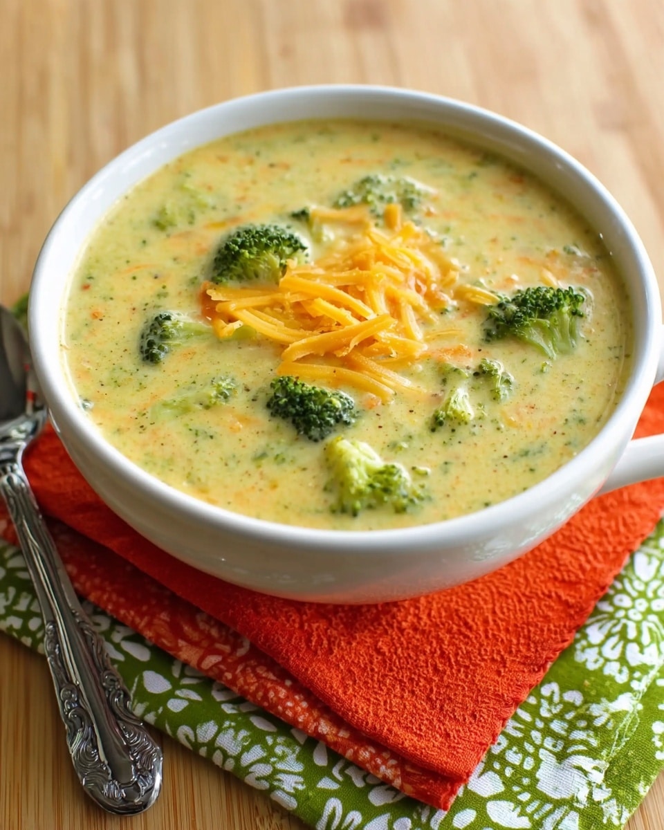 A white bowl filled with thick broccoli cheddar soup, showing pieces of bright green broccoli and orange shredded cheddar cheese on top. The soup has a creamy light green-yellow color with visible bits of broccoli and carrots throughout. The bowl sits on two folded cloth napkins, the top one bright orange and the one below green with white patterns. The bowl and napkins rest on a wooden surface under soft lighting. Photo taken with an iphone --ar 4:5 --v 7