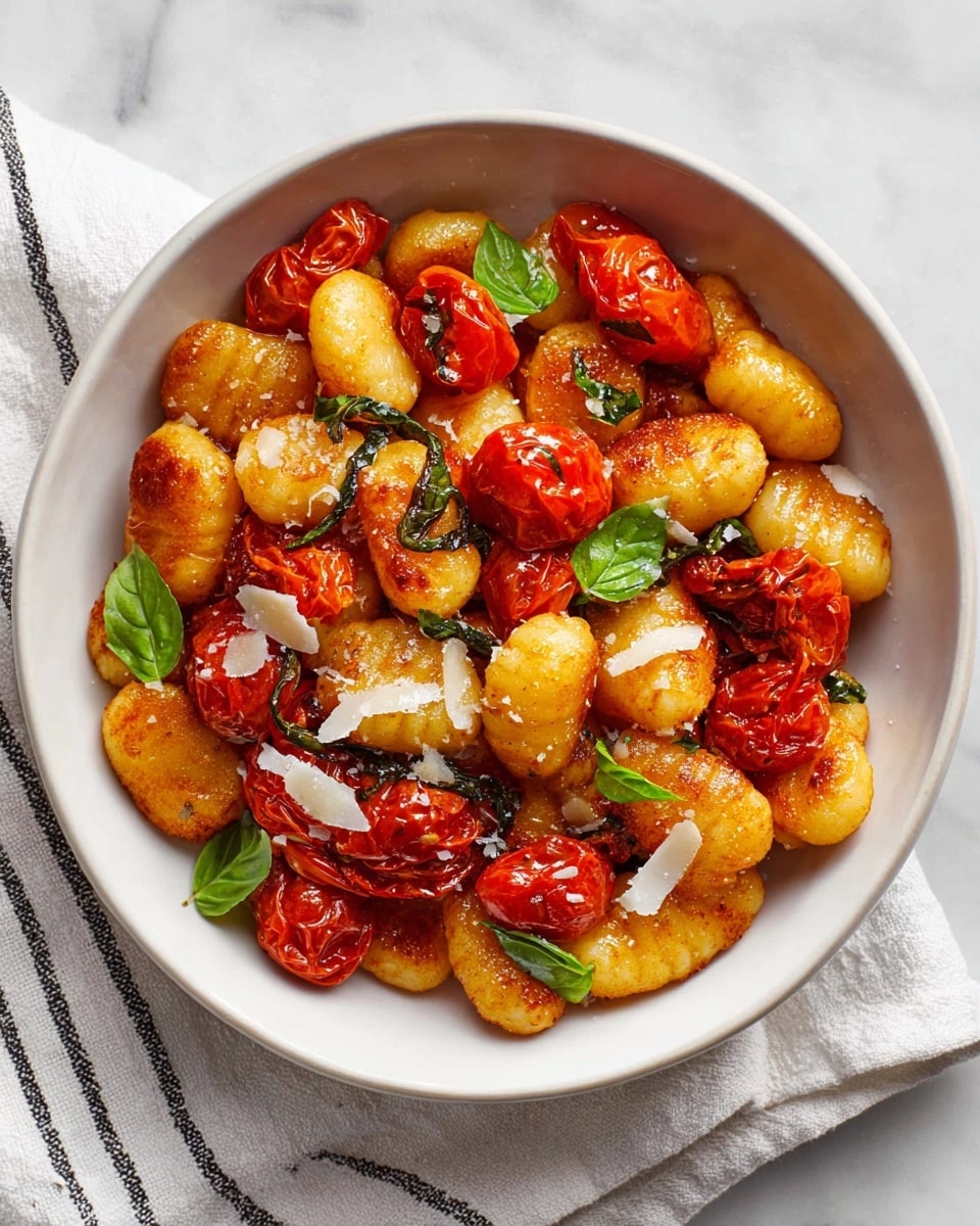 A white bowl filled with golden brown pan-fried gnocchi mixed with bright red roasted cherry tomatoes, scattered green fresh basil leaves, and small white cheese shavings on top. The dish has a mix of shiny, slightly crispy gnocchi pieces and juicy, wrinkled tomatoes creating a colorful, fresh look. The bowl sits on a white marbled surface with a white cloth that has thin black stripes around it. Photo taken with an iphone --ar 4:5 --v 7