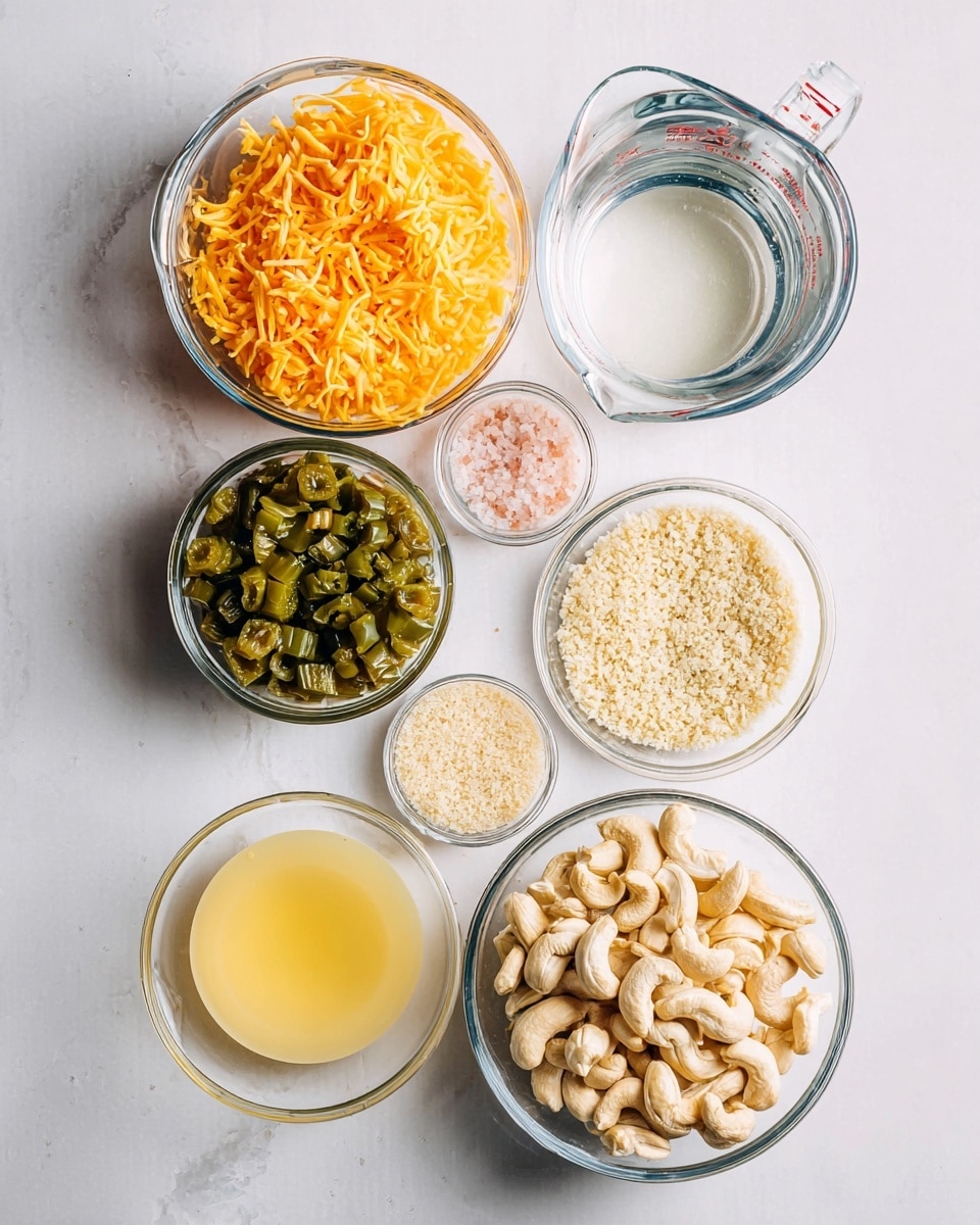 The image shows seven clear glass bowls and a clear glass measuring cup arranged neatly on a white marbled surface. At the top left is a bowl filled with bright orange shredded cheese. To its right, the clear glass measuring cup contains a clear liquid. Below the cheese, a small bowl holds pink salt. In the center, a bowl is filled with chopped green peppers. To the right of the peppers, a small bowl has light yellow powder. Below the salt, a bowl contains light beige breadcrumbs. To the right of the breadcrumbs, a larger bowl is filled with whole cashew nuts, pale beige in color. At the bottom left, a small bowl contains melted yellow butter. All bowls are glass, showing off the different textures and colors of the ingredients clearly. photo taken with an iphone --ar 4:5 --v 7