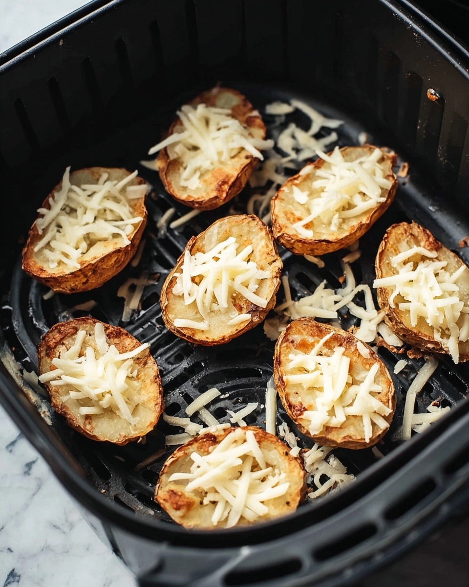 This image shows eight small potato halves in a black air fryer basket with grated white cheese on top of each potato half. The potatoes have a golden-brown crispy outer skin with a soft lighter inside, and the cheese is thinly shredded and spread unevenly over the potatoes. Some extra cheese shreds are scattered around the basket on the black surface. The air fryer has a textured black base with ventilation holes. The setting is on a white marbled surface. Photo taken with an iphone --ar 4:5 --v 7