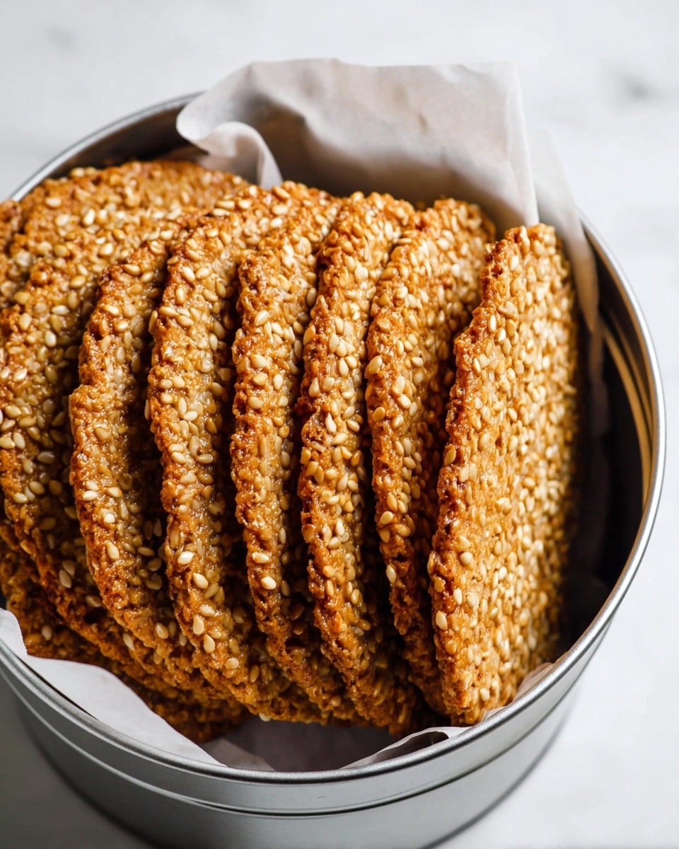 The image shows a metal tin lined with white parchment paper filled with a stack of thin, round sesame seed crackers. Each cracker has a golden brown color with a shiny texture, highlighting the sesame seeds tightly packed together. The crackers are upright and leaning closely together, showing their thin and crispy form. The background is a white marbled texture. photo taken with an iphone --ar 4:5 --v 7