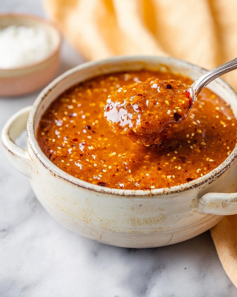 A close-up view of a thick, textured sauce with visible seeds and small chunks in a white pot with a rustic, worn look. The sauce is a warm orange-brown color with flecks of black and red throughout. A spoon lifts some sauce above the pot, showing its dense, slightly chunky consistency. The pot sits on a white marbled surface, and a soft cream cloth and a small white bowl with a white creamy substance are blurred in the background. photo taken with an iphone --ar 4:5 --v 7