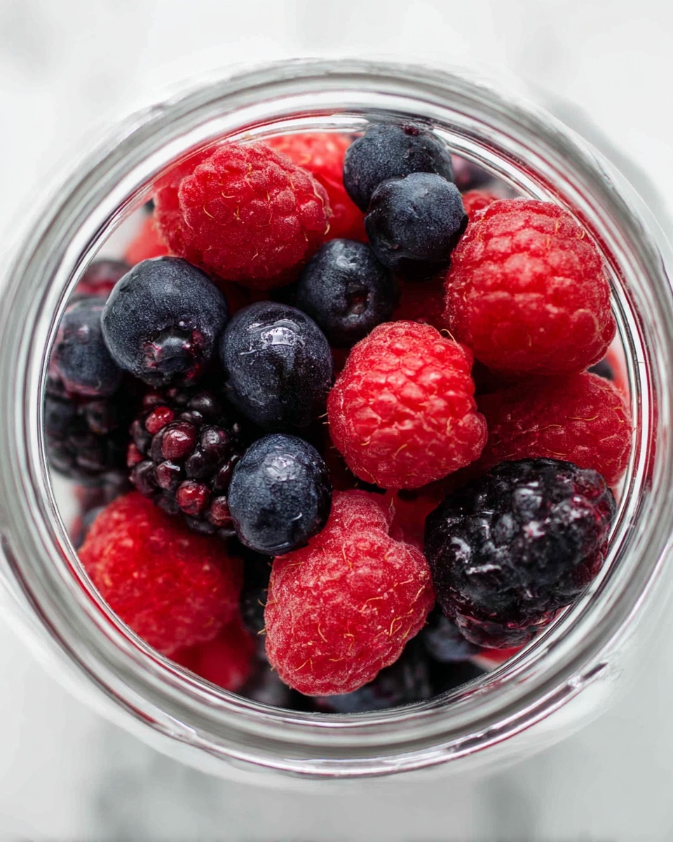 The image shows a close-up top view of mixed berries inside a clear glass jar. The berries are layered closely together, filling the jar, with bright red raspberries and darker purple blueberries mixed evenly. The raspberries have a soft, bumpy texture, while the blueberries are smooth and shiny. The clear glass shows all the vibrant colors of the berries inside. The background is a white marbled texture. photo taken with an iphone --ar 4:5 --v 7