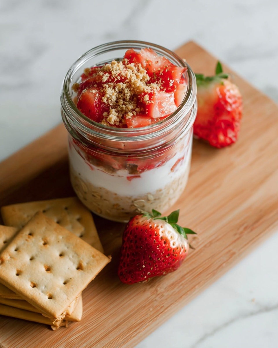 The image shows a small clear glass jar filled with three visible layers: the bottom layer is a light brown textured oatmeal, the middle layer is white creamy yogurt, and the top layer is fresh red strawberry pieces mixed with a sprinkling of crushed light brown crumbs. The jar is placed on a wooden board along with three whole and halved strawberries nearby and two square pieces of light brown crackers. The background features a white marbled surface. Photo taken with an iphone --ar 4:5 --v 7