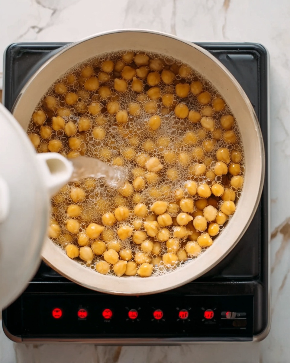 A white pot filled with water and light golden chickpeas soaking inside, the water swirling as it pours from a white kettle into the pot, creating little bubbles on the surface. The pot is on a black electric stove with red digital controls, all set on a white marbled surface. photo taken with an iphone --ar 4:5 --v 7