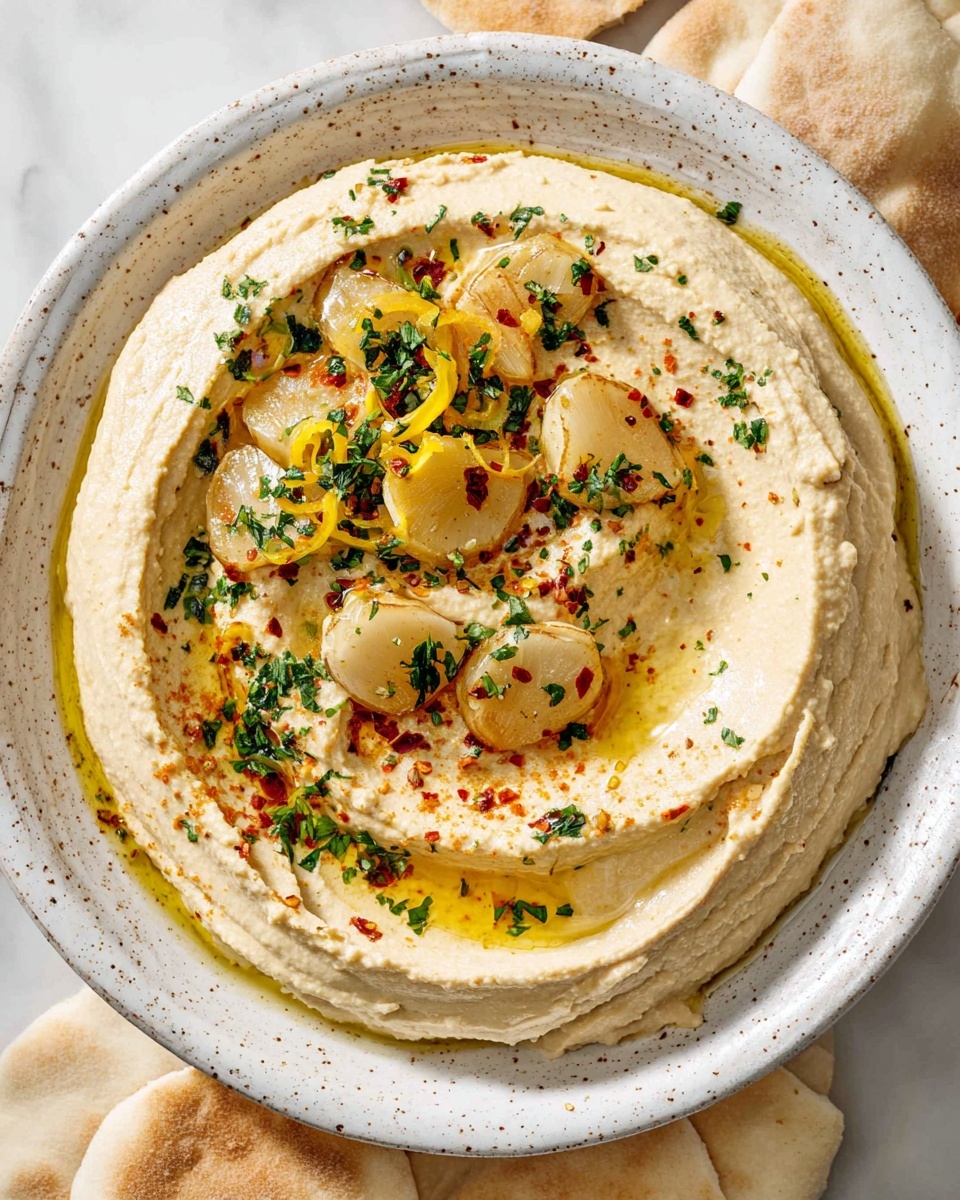 A creamy beige hummus base fills a white speckled bowl, swirled smoothly with a slight ridge around the edges. On top, there is a layer of golden-brown roasted garlic slices and small bright yellow roasted pepper strips, lightly scattered with chopped fresh green parsley and red chili flakes. A drizzle of shiny golden olive oil pools gently over the hummus, adding a glossy texture. The bowl is placed on a white marbled surface, surrounded by pieces of soft, off-white pita bread. photo taken with an iphone --ar 4:5 --v 7