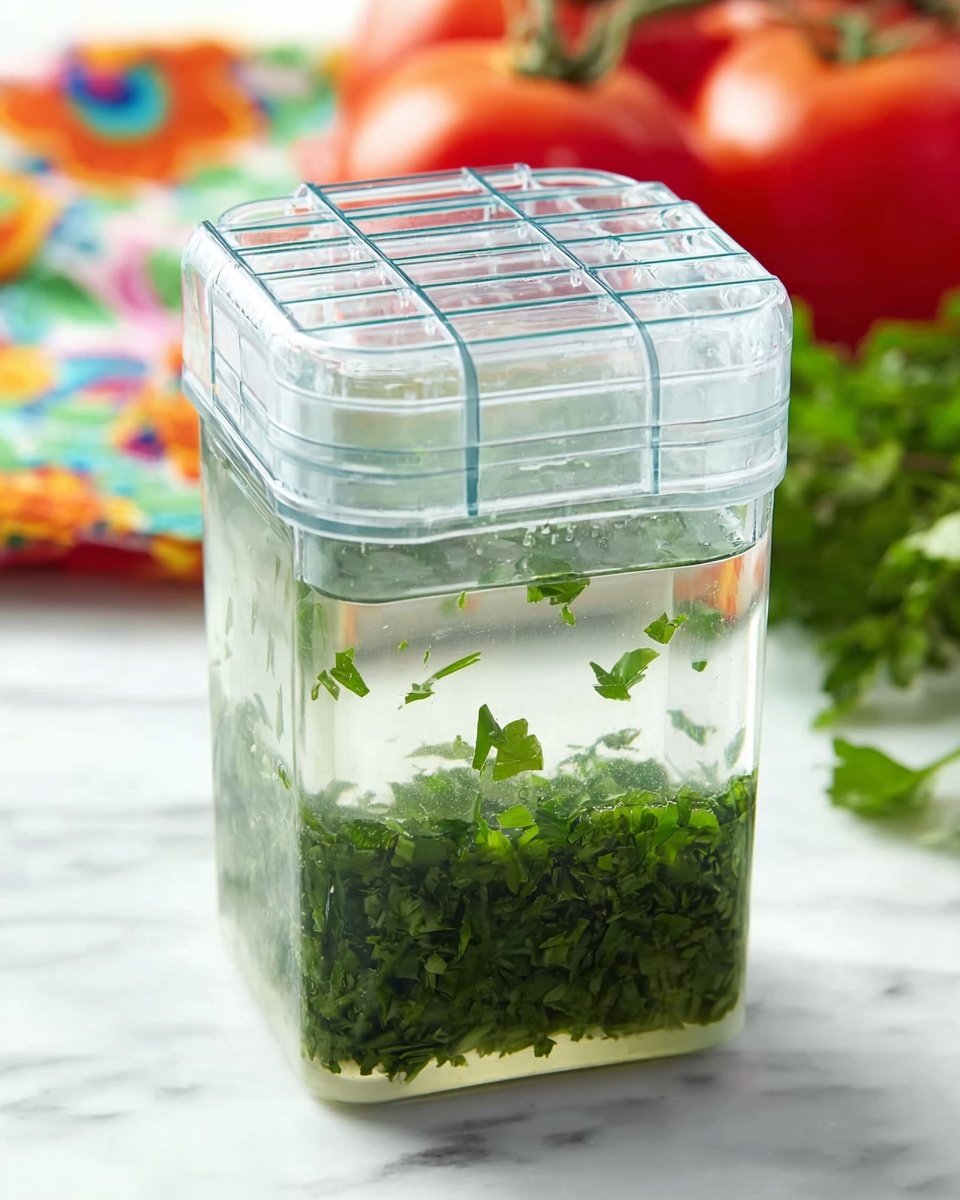 A clear plastic herb keeper filled halfway with finely chopped green herbs at the bottom, immersed in water with a light green tint, is placed on a white marbled surface. The herb keeper has a transparent lid with a simple grid pattern, and small green pieces are visible inside the water. In the background, there are blurred red tomatoes and a colorful cloth with a floral pattern, both out of focus. Photo taken with an iphone --ar 4:5 --v 7