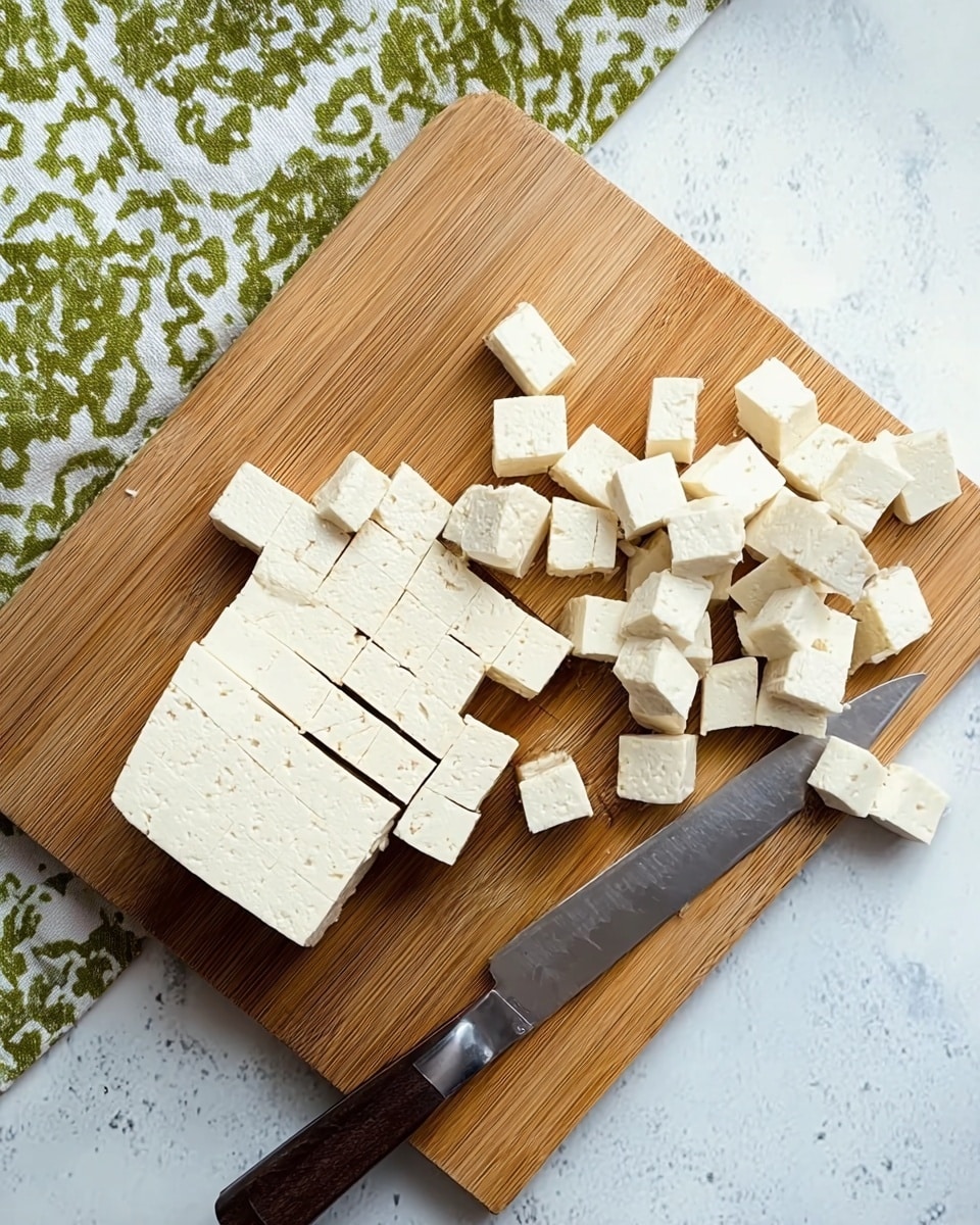 The image shows a wooden cutting board on a white marbled surface, holding a block of tofu. The block is partly sliced into small cubes, arranged close together on the left side, with several cubes scattered loosely to the right. A sharp silver knife with a shiny blade rests on the bottom right corner of the board. A green and white patterned cloth is partially visible on the top left edge of the image. Photo taken with an iphone --ar 4:5 --v 7