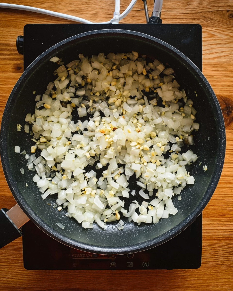 A black round pan filled with one layer of small chopped onions and garlic cooking lightly, showing a soft golden color on some pieces while most remain translucent white. The pan is placed on a black induction cooktop with a white cord, resting on a wooden surface. Photo taken with an iphone --ar 4:5 --v 7