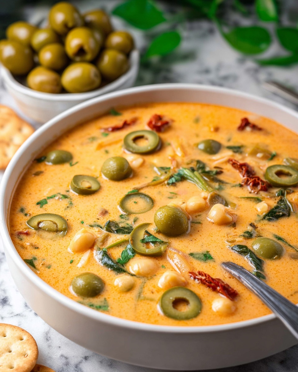 A white bowl filled with a creamy orange soup that has visible slices of green olives scattered on top, along with chickpeas, small pieces of sun-dried tomatoes, and green leafy herbs mixed in. A silver spoon is placed inside the bowl on the right side. In the background, there is a small white bowl filled with whole green olives, and part of a cracker can be seen on the left side. The setting is on a white marbled surface with some green leaves blurred in the background. photo taken with an iphone --ar 4:5 --v 7