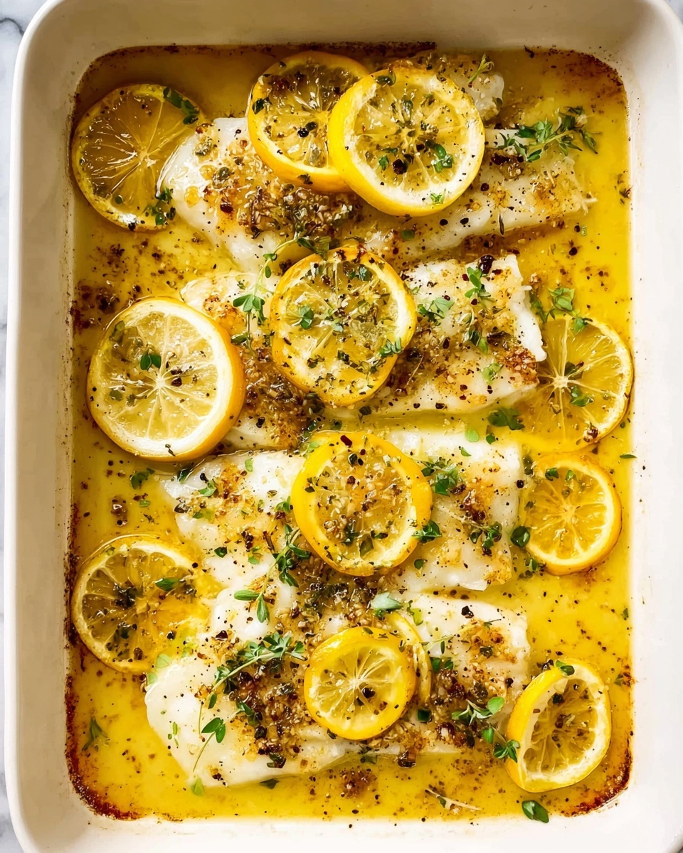 The image shows a white baking dish filled with cooked white fish fillets arranged side by side, covered with a golden-yellow lemon butter sauce that pools around the edges. Thin round slices of bright yellow lemon are scattered evenly on top and underneath the fish, some slightly browned from cooking. The sauce looks smooth with specks of black pepper and small green fresh herbs sprinkled evenly over the fish and sauce. The edges of the dish have some baked-on sauce with a light brown tint, adding texture and color contrast. The scene is set on a white marbled surface. Photo taken with an iphone --ar 4:5 --v 7