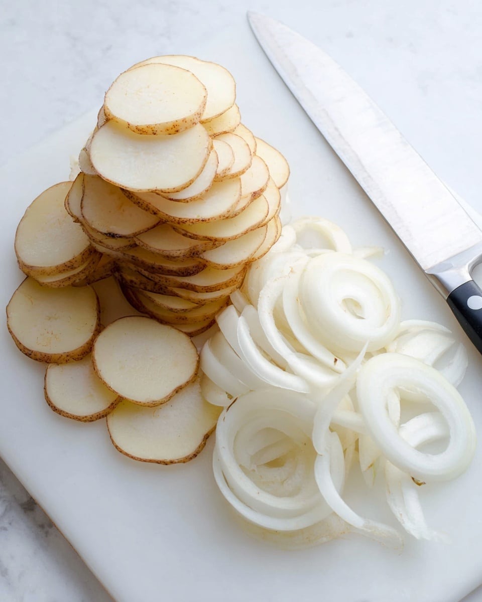 A pile of many thin, round potato slices with light brown skin edges is stacked on the left side of a white cutting board. On the right side, there are several layers of white onion slices, shown as thin curved rings and small pieces, placed neatly next to a sharp silver knife. The background is a white marbled texture. photo taken with an iphone --ar 4:5 --v 7