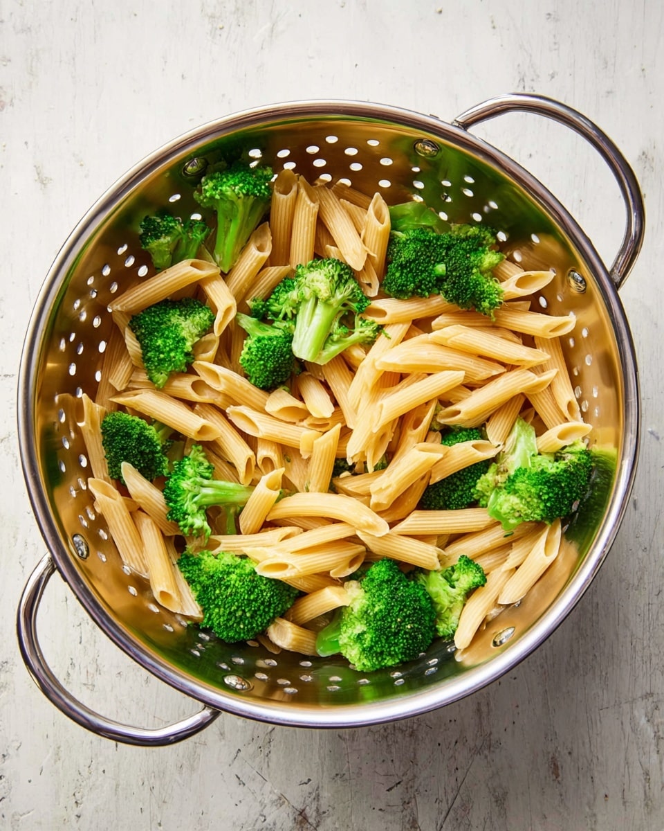 A shiny metal colander with two round handles is filled with layers of cooked penne pasta and bright green broccoli florets mixed evenly together. The pasta pieces are pale yellow with smooth, ridged surfaces, and the broccoli is fresh with small, bumpy tops and firm stems. The colander sits on a white marbled textured surface that contrasts with the warm colors inside. Photo taken with an iphone --ar 4:5 --v 7