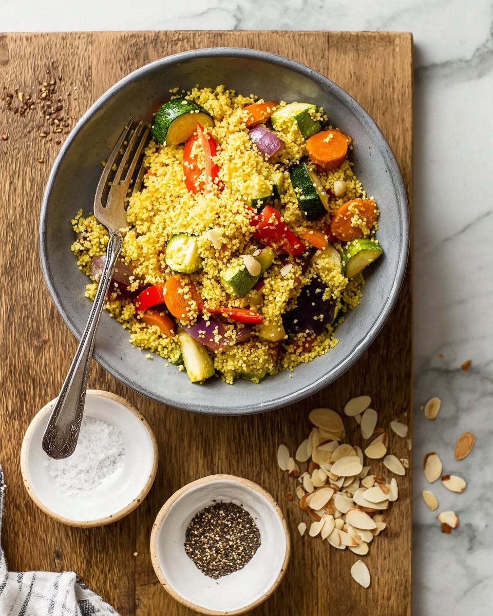 A gray bowl filled with a colorful mix of yellow couscous and roasted vegetables including orange carrots, green zucchini, red bell peppers, and purple onions, with a silver fork placed inside on the left side of the couscous. The bowl sits on a wooden board with small white bowls holding sliced almonds, coarse salt, and ground black pepper scattered around it. Some sliced almonds are scattered on the white marbled surface near the wooden board. photo taken with an iphone --ar 4:5 --v 7