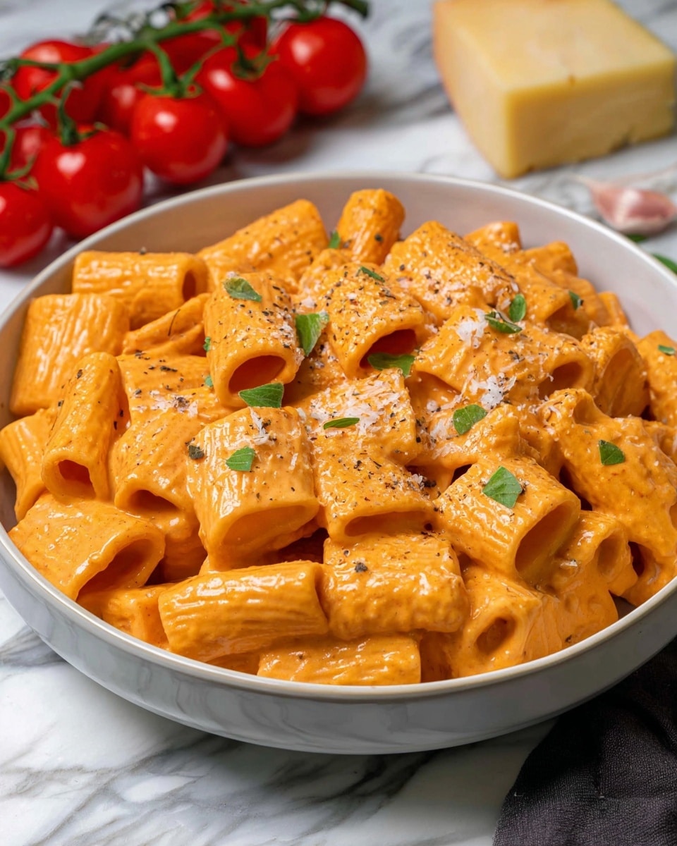 The image shows a white bowl filled with rigatoni pasta coated in a smooth, creamy orange sauce. The rigatoni pieces are thick and tubular, each covered evenly with the sauce, giving the dish a rich and creamy texture. Small green herb pieces are sprinkled on top, adding contrast and freshness, along with a light dusting of grated cheese. In the background, there are red cherry tomatoes still on the vine and a block of pale yellow cheese, all set on a white marbled surface. photo taken with an iphone --ar 4:5 --v 7