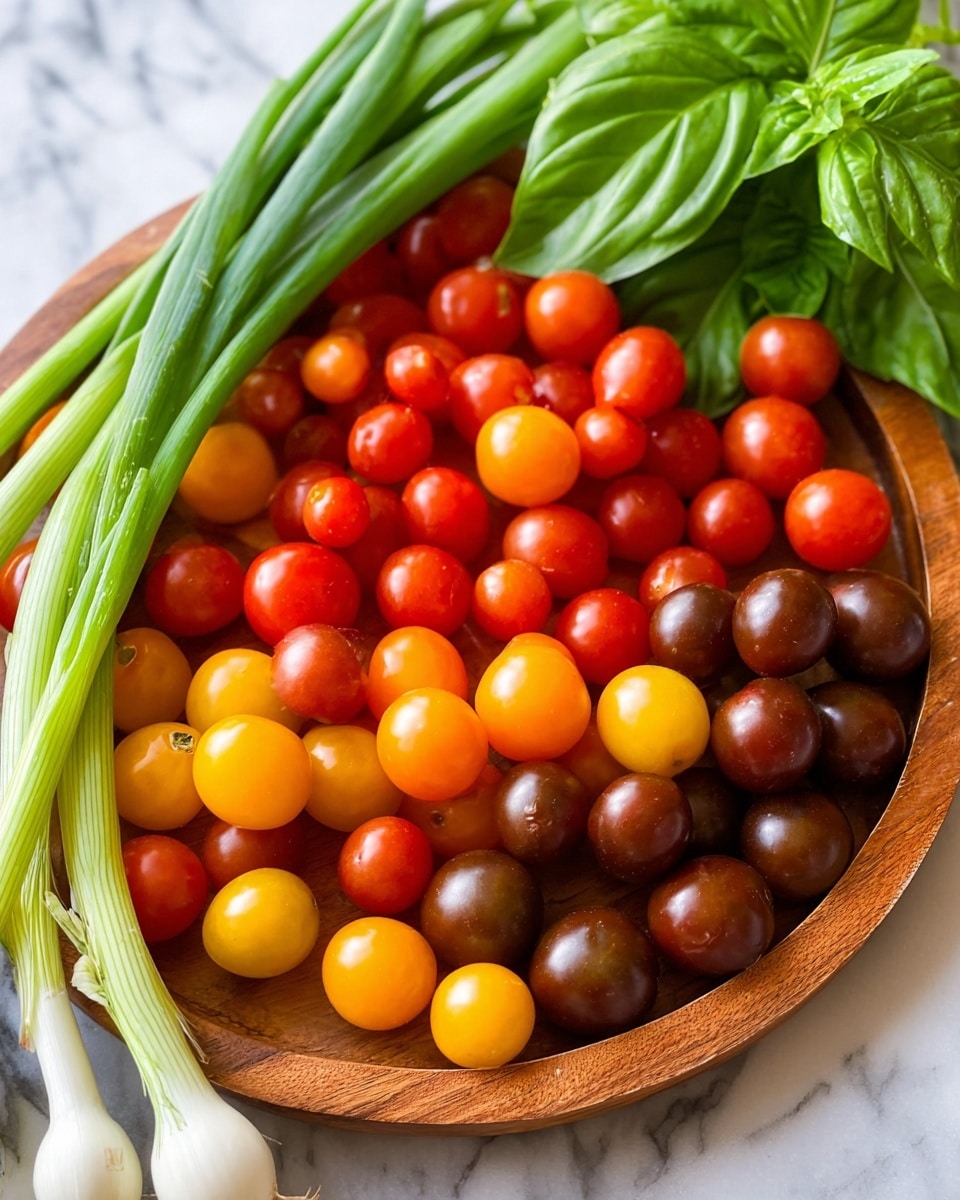 A round wooden tray is filled with many small tomatoes in red, orange, yellow, and dark brown colors, creating a colorful mix of smooth, shiny textures. On the left side of the tray, several green onions with white and light green bottoms lie next to the tray. Behind the tray, there is a bunch of fresh green basil leaves with large, smooth, and slightly curved textures. The whole setup is placed on a white marbled surface with soft natural lighting. photo taken with an iphone --ar 4:5 --v 7