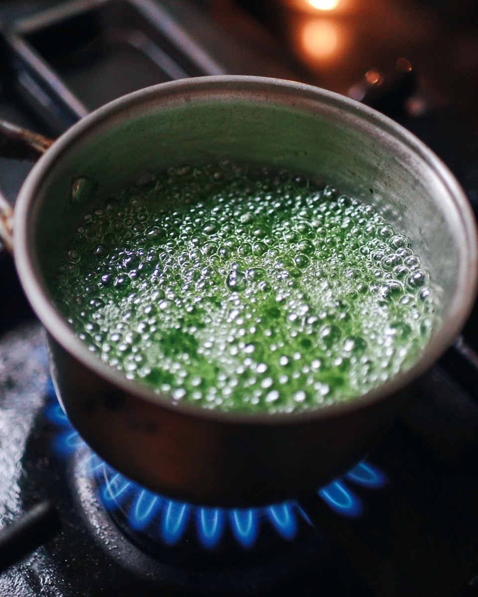 A close-up photo shows a small silver metal pot with green liquid boiling inside it, bubbles of different sizes cover the surface, making a shiny and frothy texture. The pot sits on a lit gas stove with blue flames visible under the pot. The background is softly blurred and dark, highlighting the pot and the boiling green liquid. photo taken with an iphone --ar 4:5 --v 7