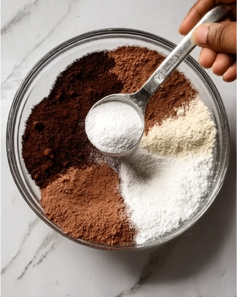 A clear glass bowl sits on a white marbled surface, filled with different powders layered side by side. The powders include a dark brown cocoa powder, a white flour or sugar, and lighter brown flour or cocoa powder arranged around the edges of the bowl. In the center, a silver measuring spoon with white powder is held by a woman's hand, positioned above the powders. The powders have a fine, powdery texture and create a contrast of dark and light colors. photo taken with an iphone --ar 4:5 --v 7