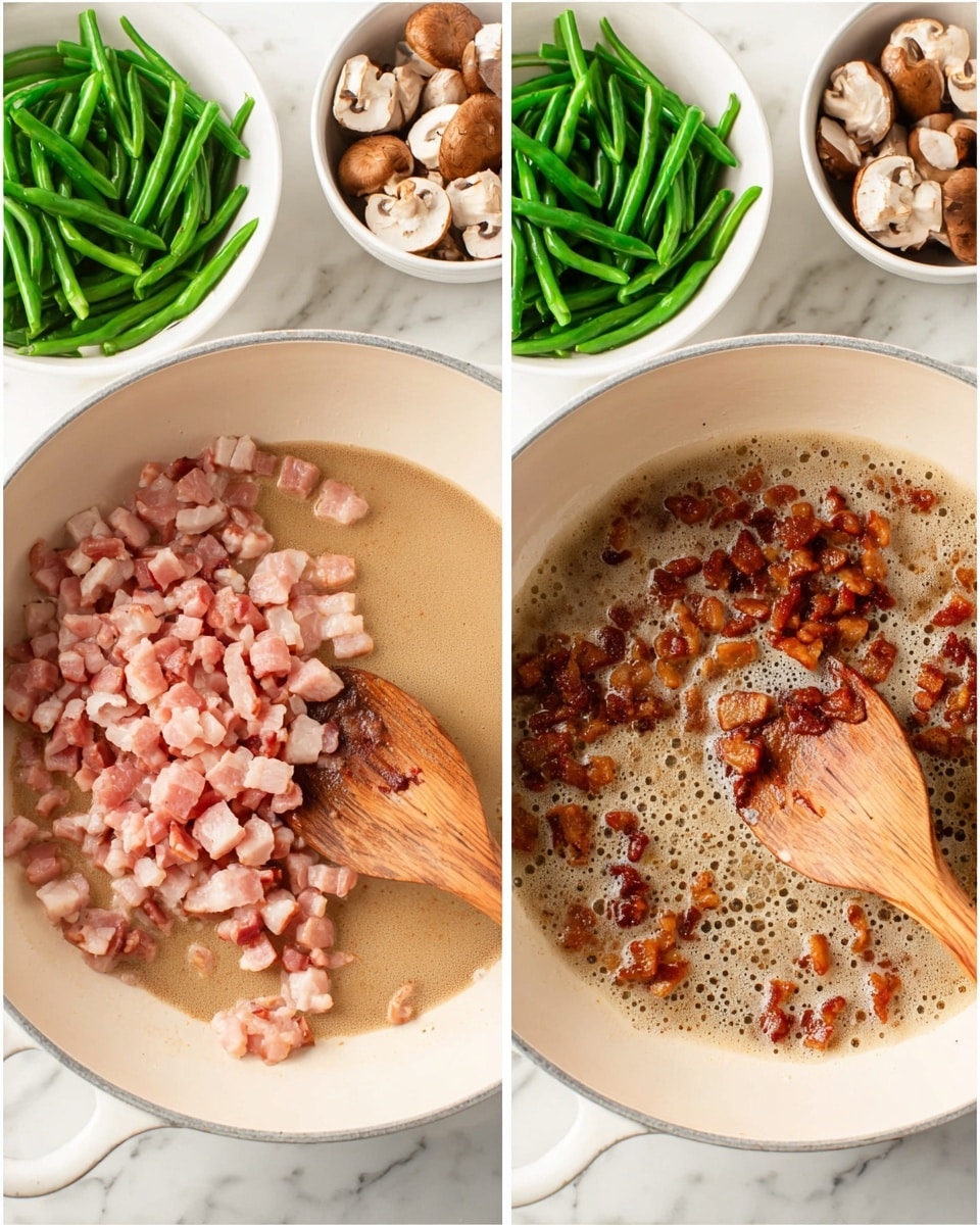 The image shows two side-by-side views of a white cooking pan on a white marbled surface, each with a wooden spatula inside. The left side displays raw pink and white diced bacon pieces cooking in light oil in the pan. Above the pan, three white bowls hold fresh green beans, and chopped mushrooms. The right side shows the same pan with the bacon now cooked to a crisp brown color, sizzling in its oil with bubbles forming around it. The wooden spatula rests on the edge of the pan. Photo taken with an iphone --ar 4:5 --v 7