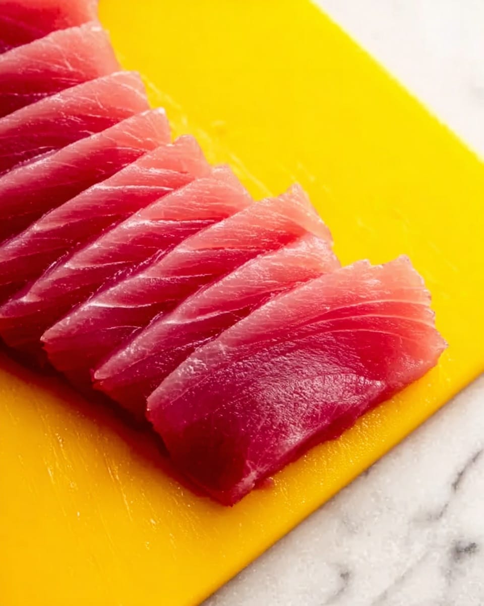 The image shows a single layer of raw tuna slices neatly arranged in a slightly curved row on a yellow cutting board. Each slice is deep pink with a smooth, slightly shiny texture, showcasing the fresh, moist surface of the fish. The cutting board occupies the lower right corner on a white marbled surface that softly reflects light. The bright yellow board contrasts strongly with the pink tuna, making the slices stand out clearly. Photo taken with an iphone --ar 4:5 --v 7