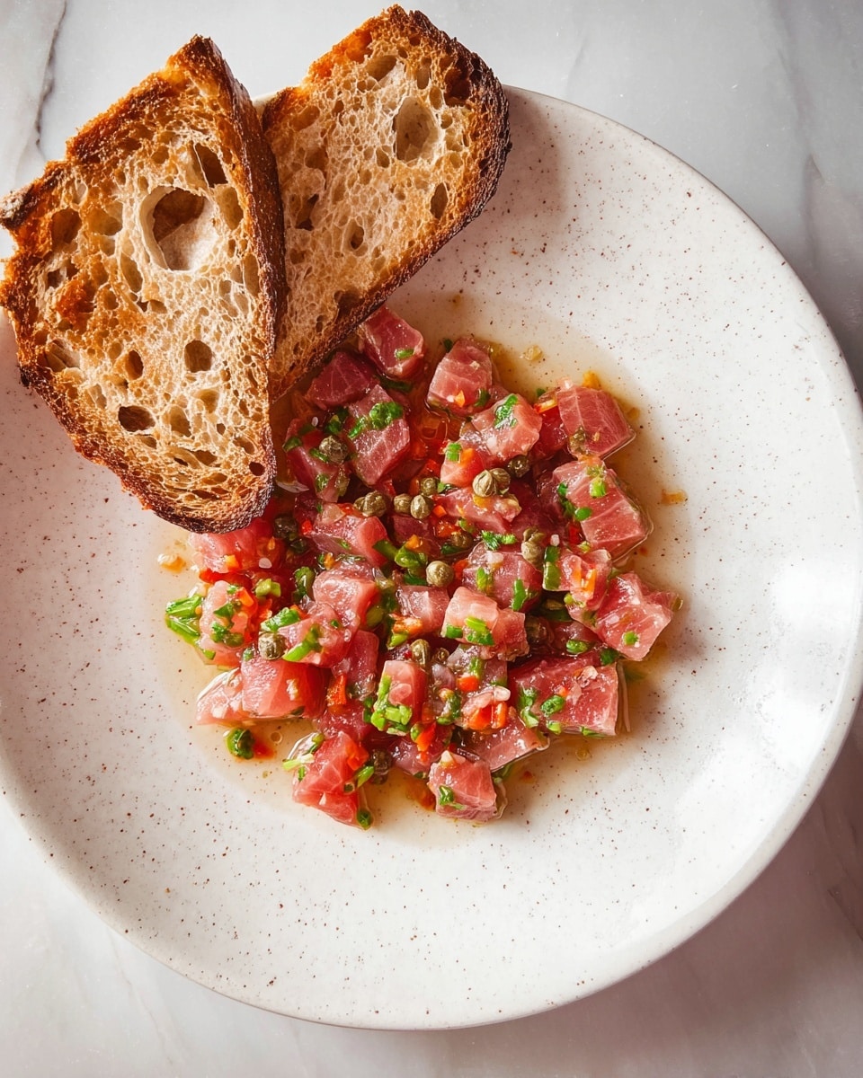 A white plate holds a lightly speckled surface with a serving of diced raw pink fish mixed with small green herbs and capers, some tiny red vegetable pieces, and a light sauce giving a slightly shiny texture to the fish pieces. Two toasted slices of crusty brown bread with holes rest on the upper left side of the plate. The plate is placed on a white marbled surface. photo taken with an iphone --ar 4:5 --v 7