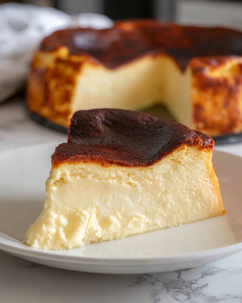 The image shows a slice of burnt Basque cheesecake placed on a white plate with the whole cheesecake blurred in the background. The cheesecake has two layers: the top layer is dark brown with a slightly burnt and cracked texture, while the bottom layer is creamy pale yellow, smooth, and dense. The edges of the cheesecake are uneven and browned, indicating it was baked at a high temperature. The plate sits on a white marbled surface. photo taken with an iphone --ar 4:5 --v 7