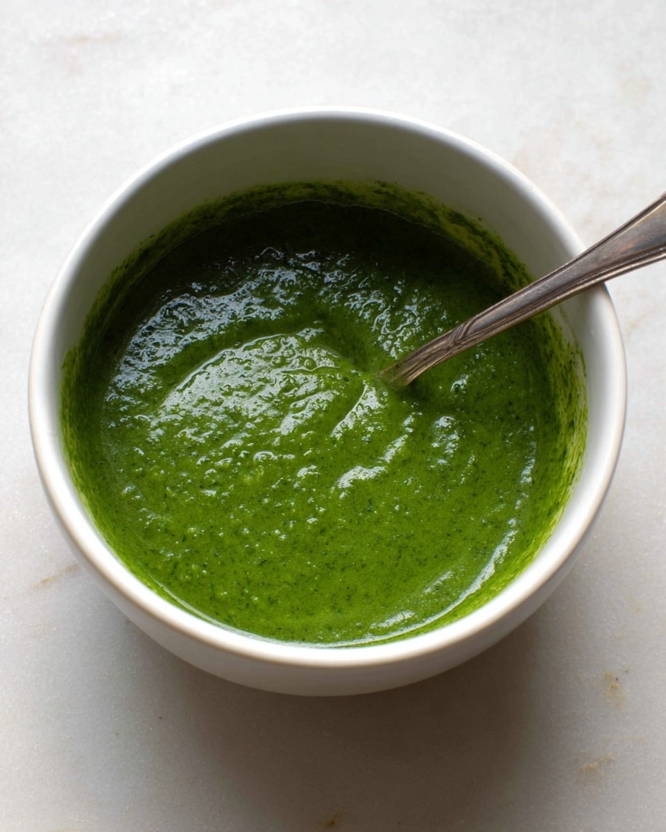 A close-up top view of a white bowl filled with a smooth, thick green sauce or paste that has a slightly glossy texture. The green mixture covers the inner sides of the bowl, and a metal spoon rests inside on the right side, partially submerged. The bowl is placed on a white marbled surface with soft lighting that highlights the shine on the sauce. photo taken with an iphone --ar 4:5 --v 7