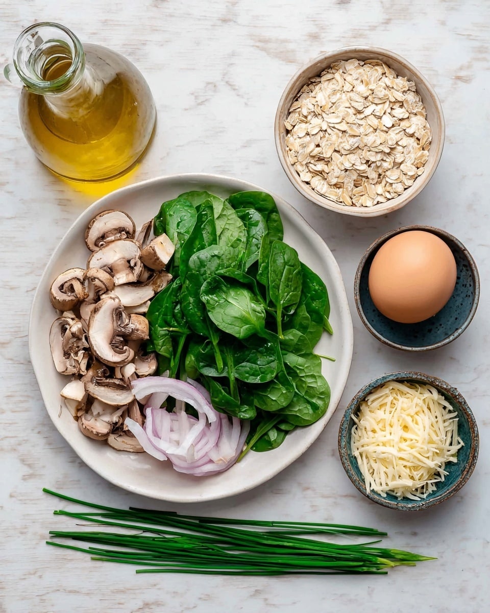 A white round plate holds fresh green spinach leaves on the right half, with brown mushrooms cut into slices on the left half, and thin slices of light purple onion placed below the spinach. Below the plate, some fresh green chives lay spread out. To the right of the plate, a small white bowl is filled with pale beige rolled oats. Below it, a small dark blue bowl contains a small pile of shredded pale yellow cheese. To the right, there is a clear glass bottle filled with yellow olive oil, and a small round ceramic dish with a single brown egg on it. All items are displayed on a white marbled surface. photo taken with an iphone --ar 4:5 --v 7