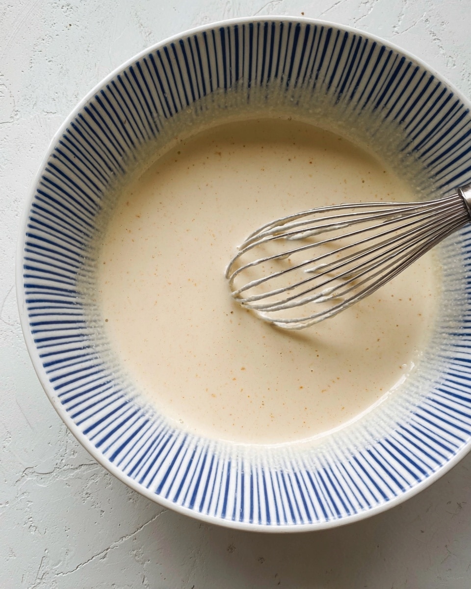 A white bowl with blue vertical lines around the edge is filled with a smooth, light beige batter. A metal whisk covered partially with the same batter rests inside the bowl on the right side. The batter has a creamy texture with small air bubbles and tiny dark specks scattered throughout. The background is a white marbled surface. photo taken with an iphone --ar 4:5 --v 7