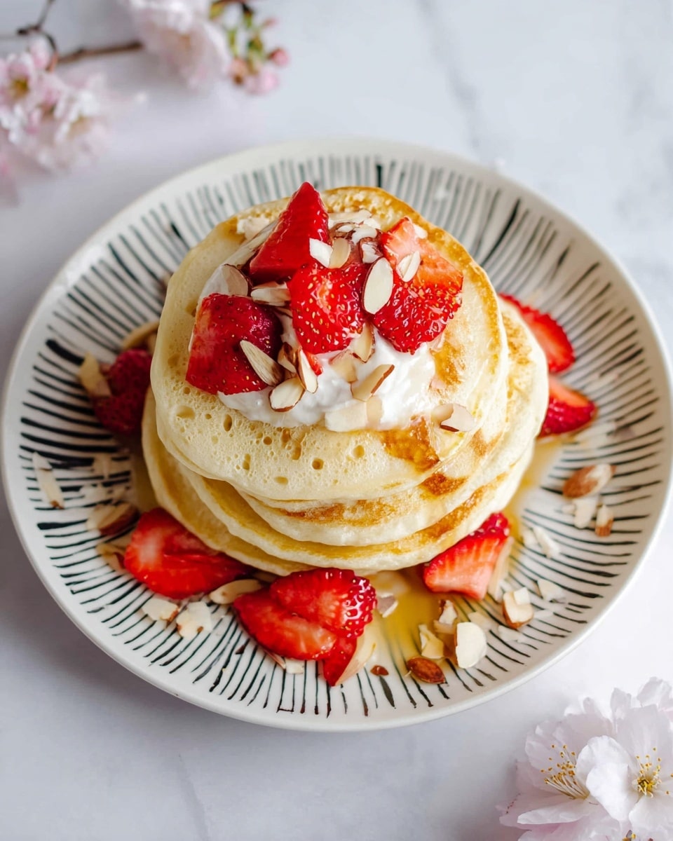 A stack of four light golden pancakes sits in the center of a white plate with black striped lines, placed on a white marbled surface. The pancakes have a soft, slightly bubbly texture and are topped with a dollop of white cream or yogurt. On top of the cream are several bright red, quartered strawberries. Around the base of the pancake stack are more quartered strawberries and scattered sliced almonds, adding color and texture contrast. A drizzle of golden syrup glazes the pancakes and the cream, giving a shiny appearance. Nearby, a few light pink cherry blossoms lie softly on the white marbled surface, adding a delicate touch. photo taken with an iphone --ar 4:5 --v 7