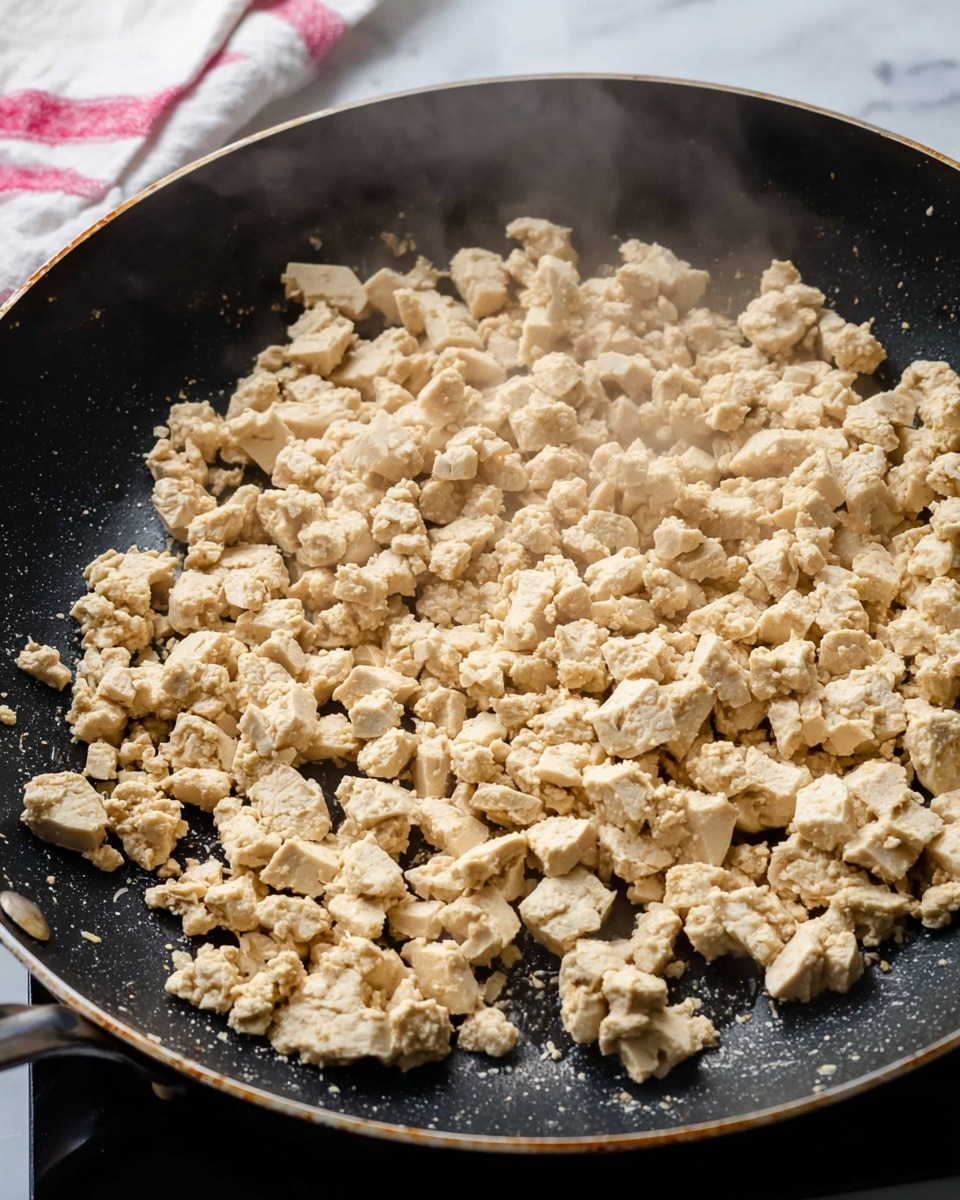 The image shows a close-up of crumbled cooked tofu in a large black non-stick frying pan. The tofu pieces are small, irregular, and light beige, spread evenly across the pan’s surface. There is steam rising from the tofu, indicating it is hot. The pan is placed on a dark cooktop, with a white and red striped cloth partially visible in the background over a white marbled surface. The scene gives a simple, home-cooked feeling. photo taken with an iphone --ar 4:5 --v 7