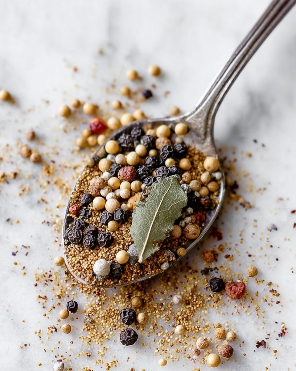 A close-up view of a metal spoon filled with a mix of spices on a white marbled surface. The spices include small round beige mustard seeds, dark round peppercorns, tiny brown coriander seeds, some reddish flakes, and a green dried bay leaf tucked in among the other ingredients. Some mustard seeds and peppercorns have spilled onto the white marbled surface around the spoon. The textures range from smooth and round seeds to the slightly rough powdered bits and the dry, veined bay leaf. The light reflects softly off the metal spoon, highlighting the details of the spice mix. photo taken with an iphone --ar 4:5 --v 7